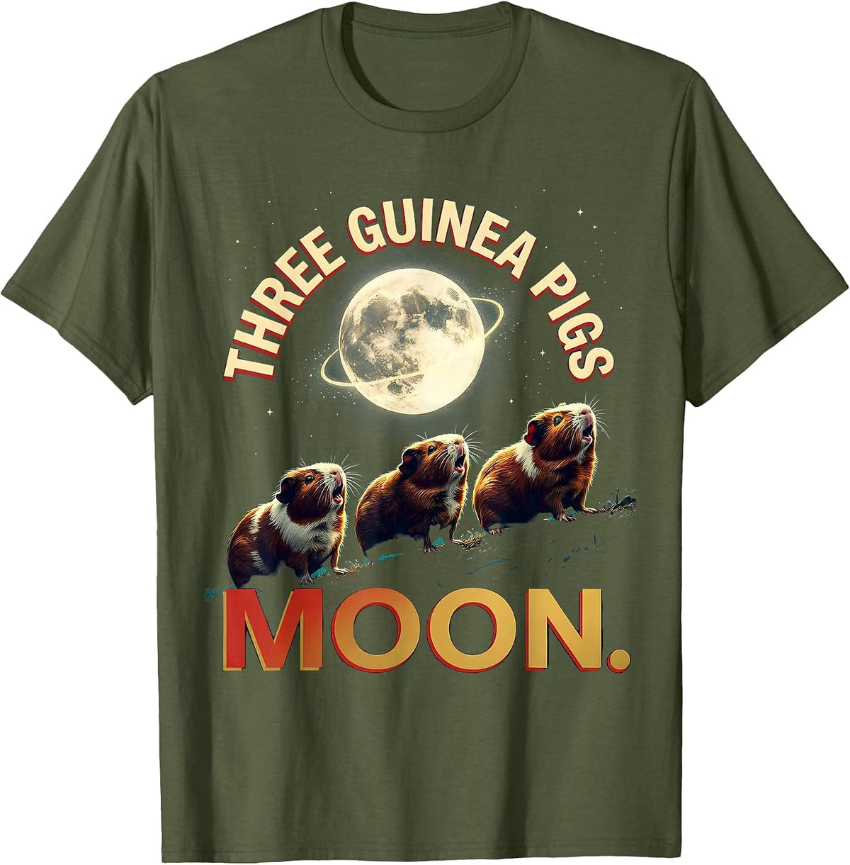 Three Guinea Pigs Moon Funny Animal Meme Parody T-Shirt - Olive Green