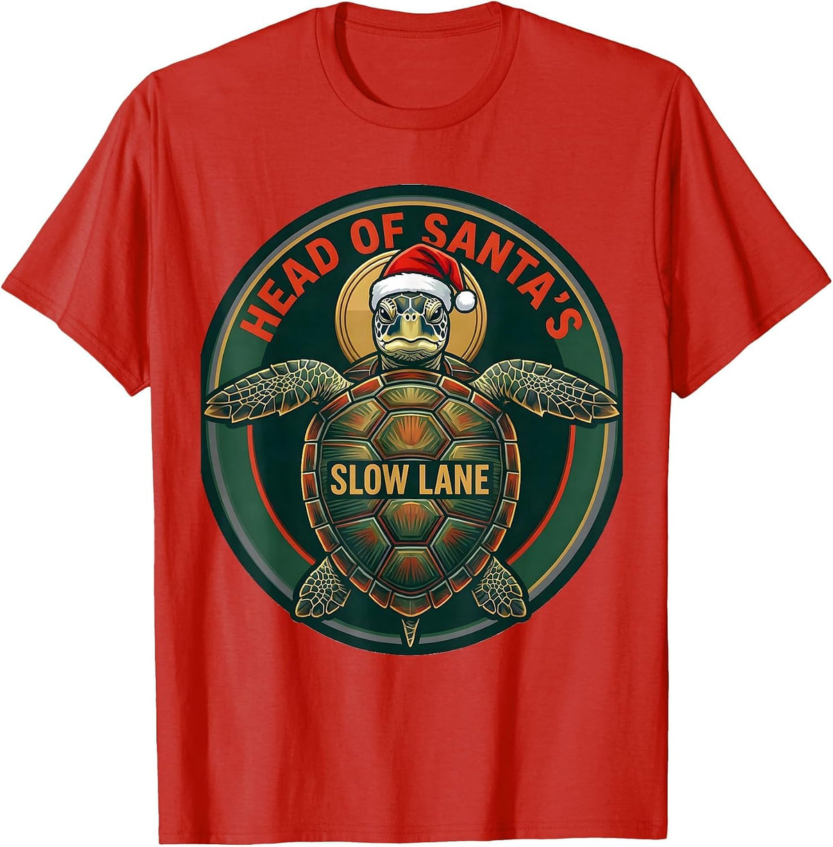 Men's Head of Santa's Slow Lane Whimsical Sea Turtle Christmas T-Shirt - Red