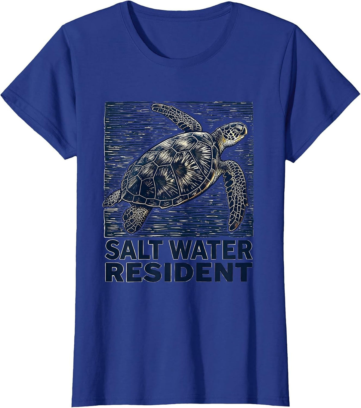 Women's Salt Water Resident Linocut Sea Turtle Tropical Vacation T-Shirt - Royal Blue