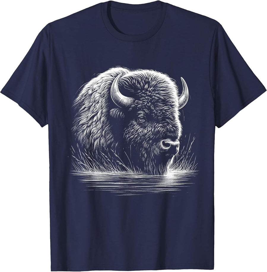 Bison Lover Art Design for Men and Women T-Shirt - Navy Blue
