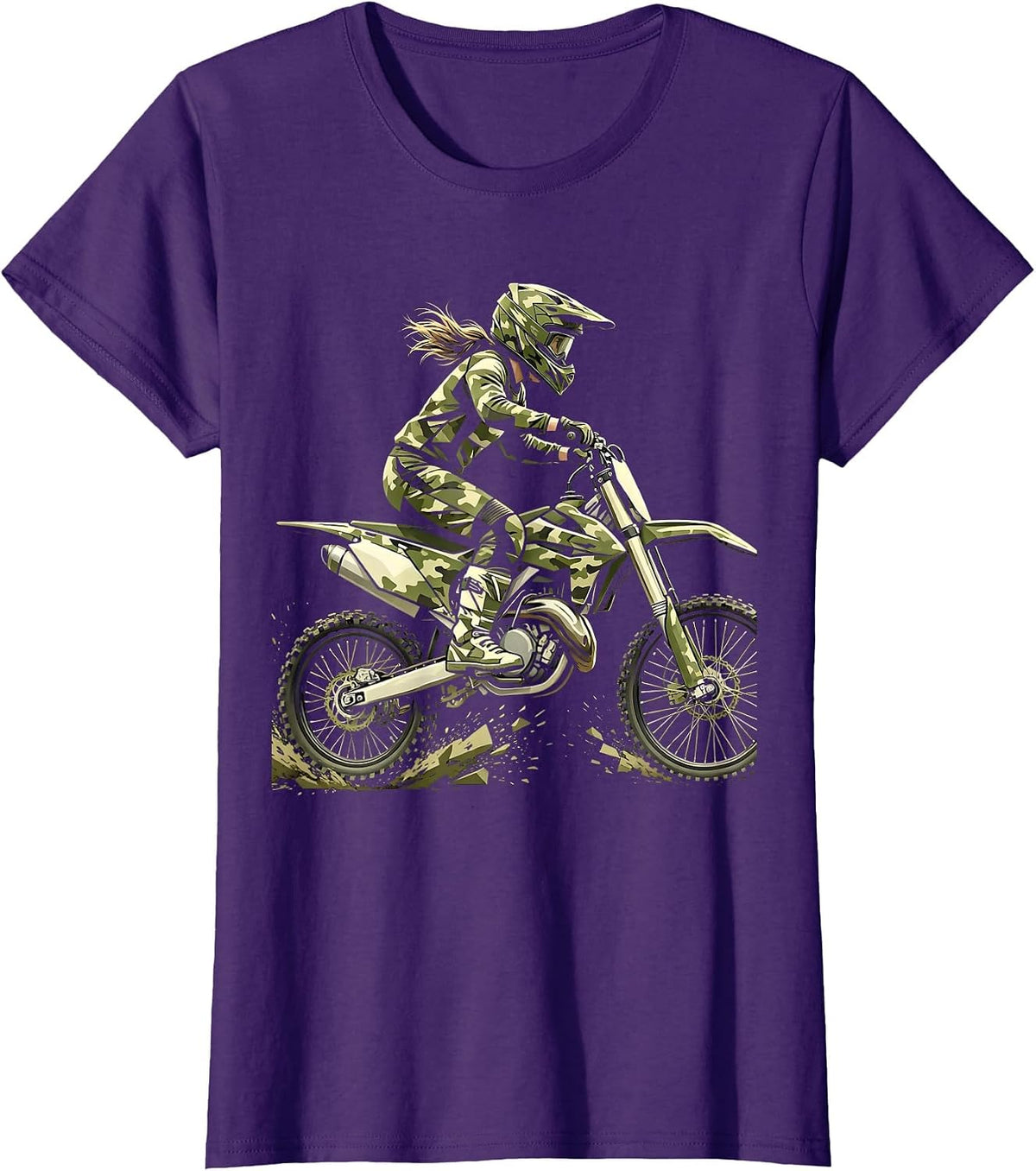 Girls Camo Dirt Bike Rider Graphic Tee T-Shirt - Purple
