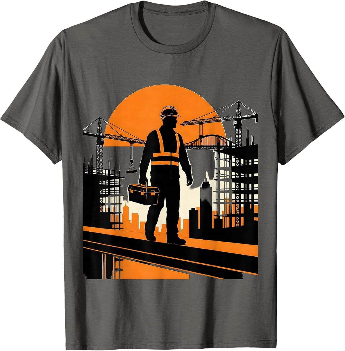 Men's Construction Worker Silhouette Sunset Skyline T-Shirt - Asphalt Grey