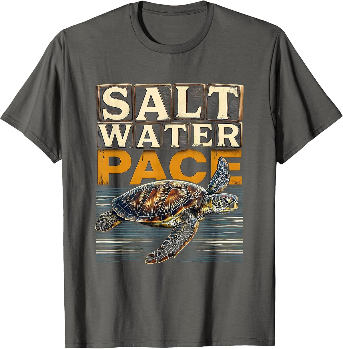 Men's Salt Water Pace Wood Type Letterpress Sea Turtle Souvenir T-Shirt - Asphalt Grey