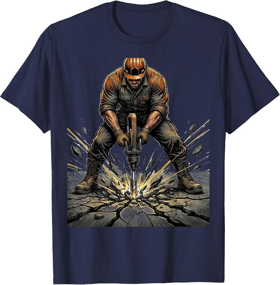 Jackhammer Cracked Pavement Blue Collar Graphic T-Shirt - Navy Blue