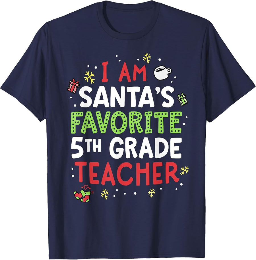 Santas Favorite Teacher Shirt Fifth 5th Grade School Xmas T-Shirt - Navy Blue