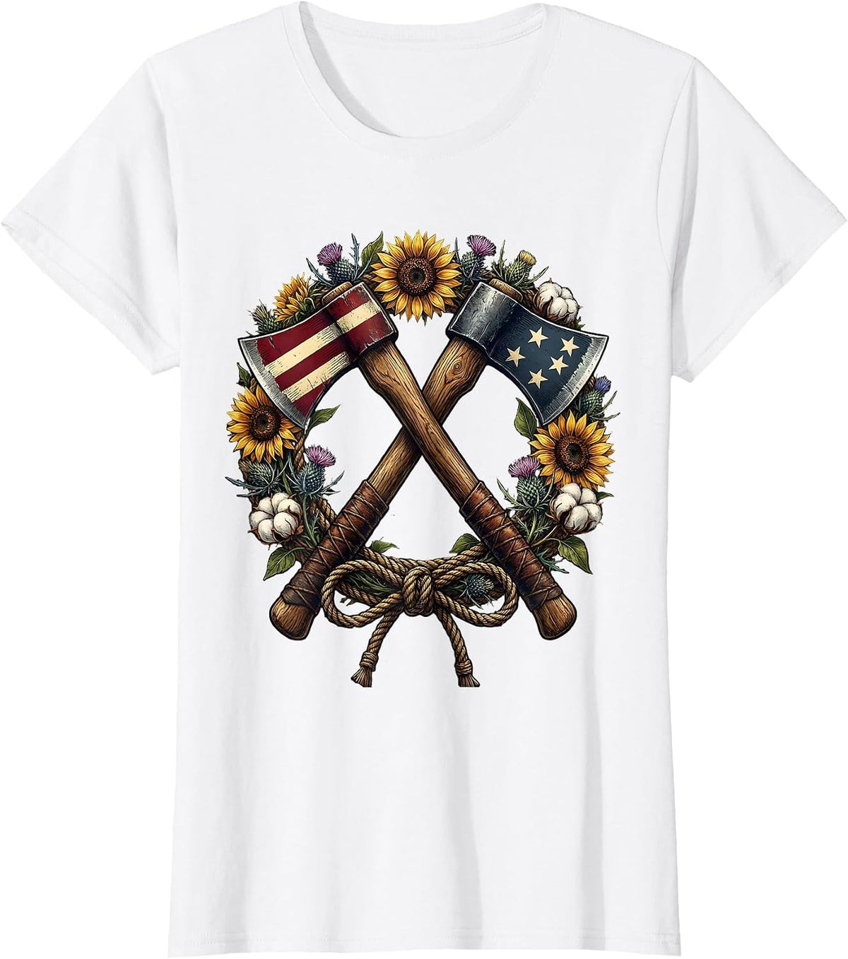 Red White and Blue Crossed Axes Floral Wreath Design T-Shirt - White