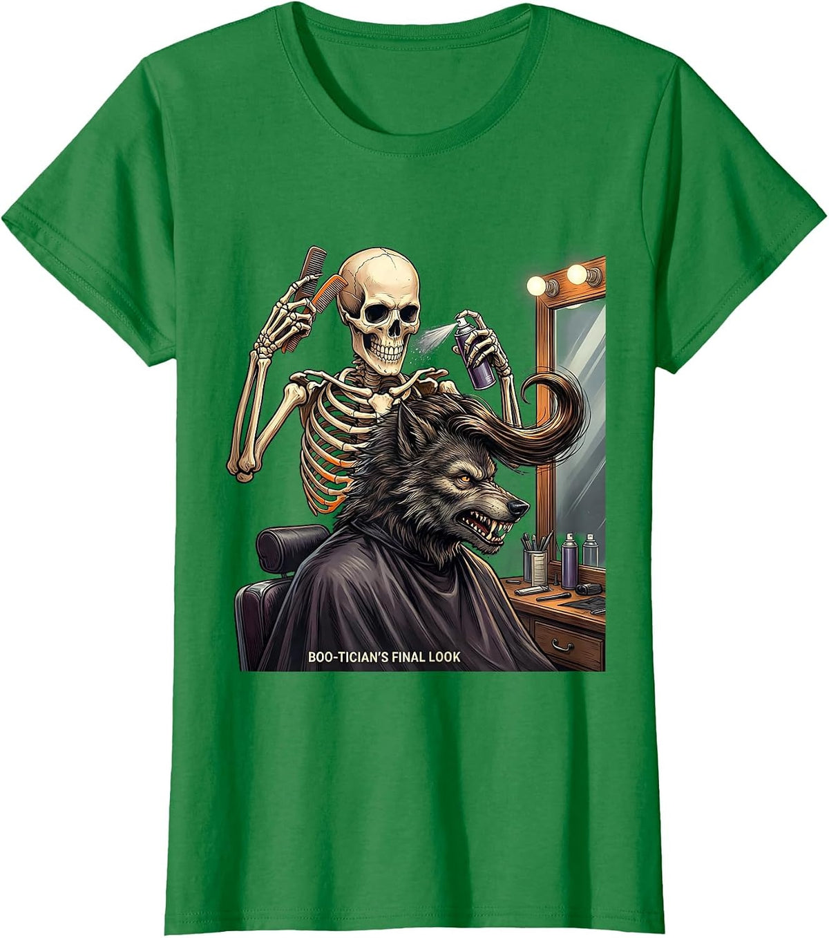 Boo-tician's Final Look Funny Skeleton Hairdresser Halloween T-Shirt - Kelly Green