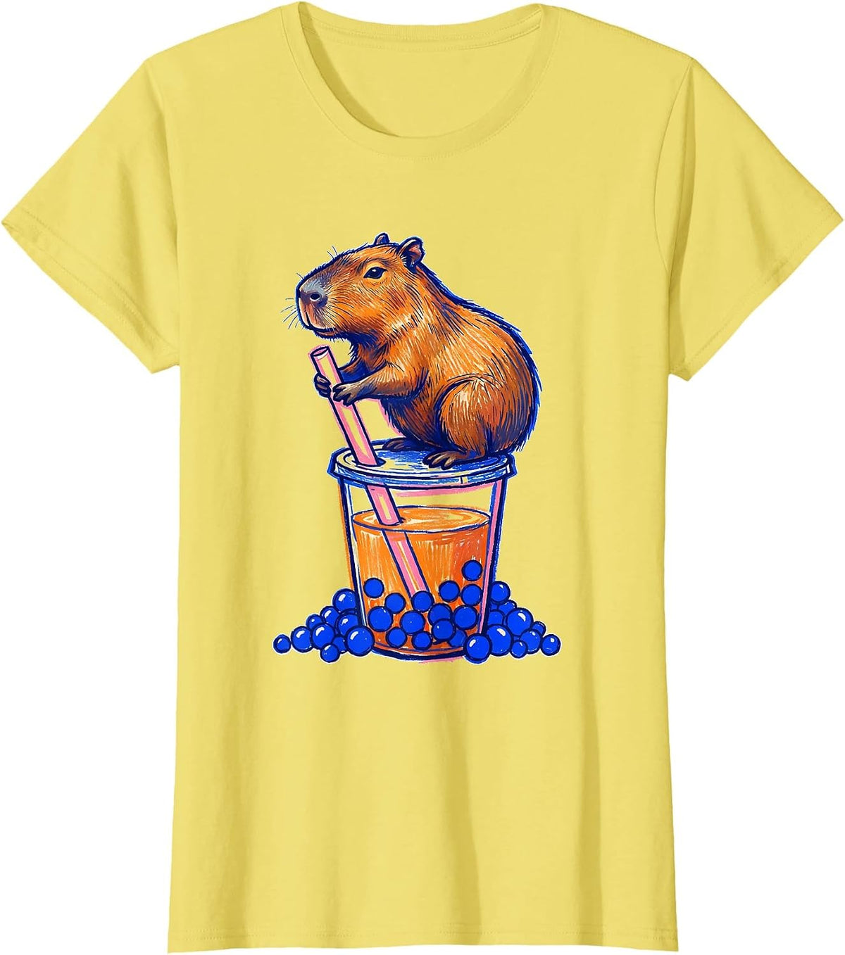 Capybara Boba Cup Kawaii Anime Animal Girls Cute T-Shirt - Lemon Yellow