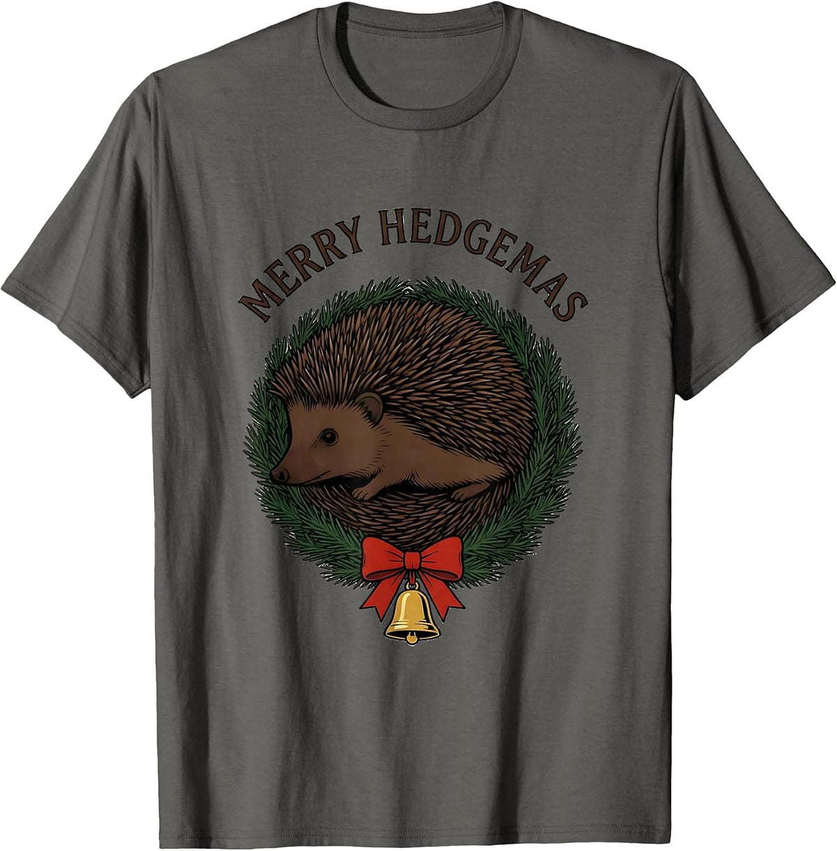 Merry Hedgemas Cute Hedgehog Christmas Wreath Novelty Gift T-Shirt - Asphalt Grey