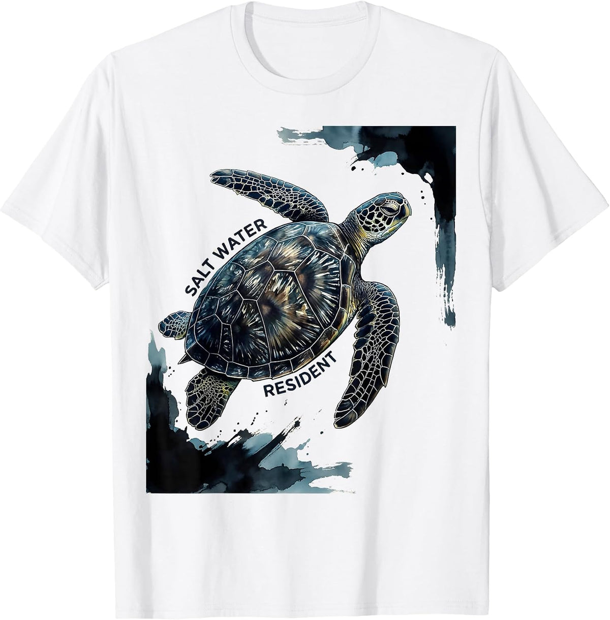 Men's Salt Water Resident Ink Brush Sea Turtle Tropical Souvenir T-Shirt - White