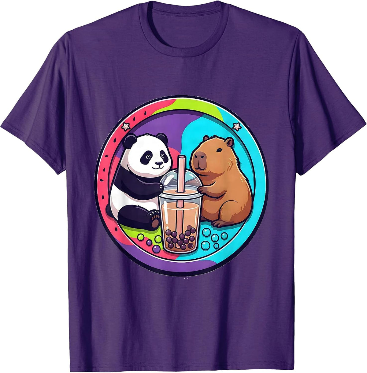 Men's Chibi Panda Capybara Boba Cup Kawaii Anime Cute T-Shirt - Purple