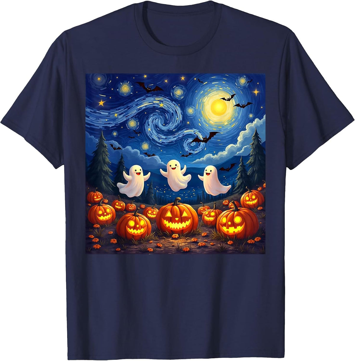 Boo Ghost Halloween Pumpkin Starry Night Van Gogh Men Women T-Shirt - Navy Blue