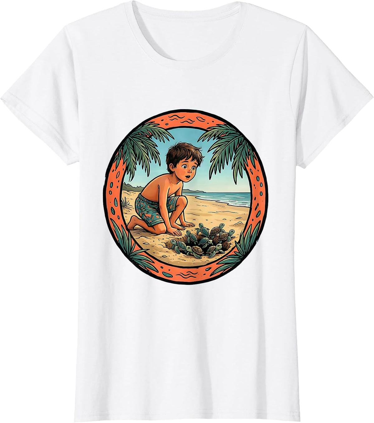 Women's Kids Sea Turtle Hatchling Beach Scene Graphic T-Shirt - White