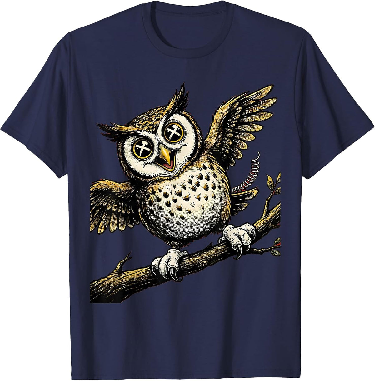 Men's Derpy Cross-Eyed Owl on a Tilted Branch T-Shirt - Navy Blue