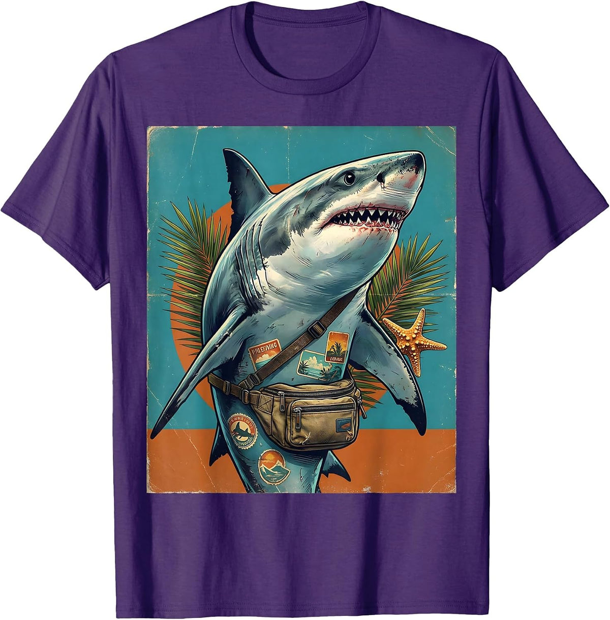 Shark On Vacation Fanny Pack Novelty Graphic T-Shirt - Purple