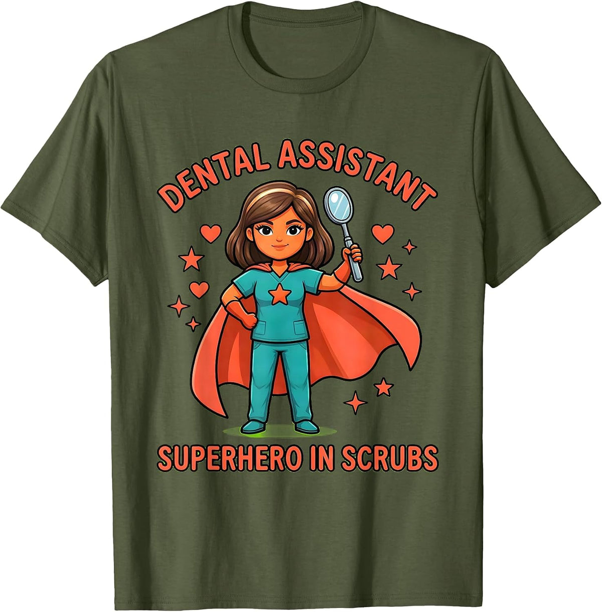 Dental Assistant, Superhero in Scrubs Cartoon Dental Gift T-Shirt - Olive Green