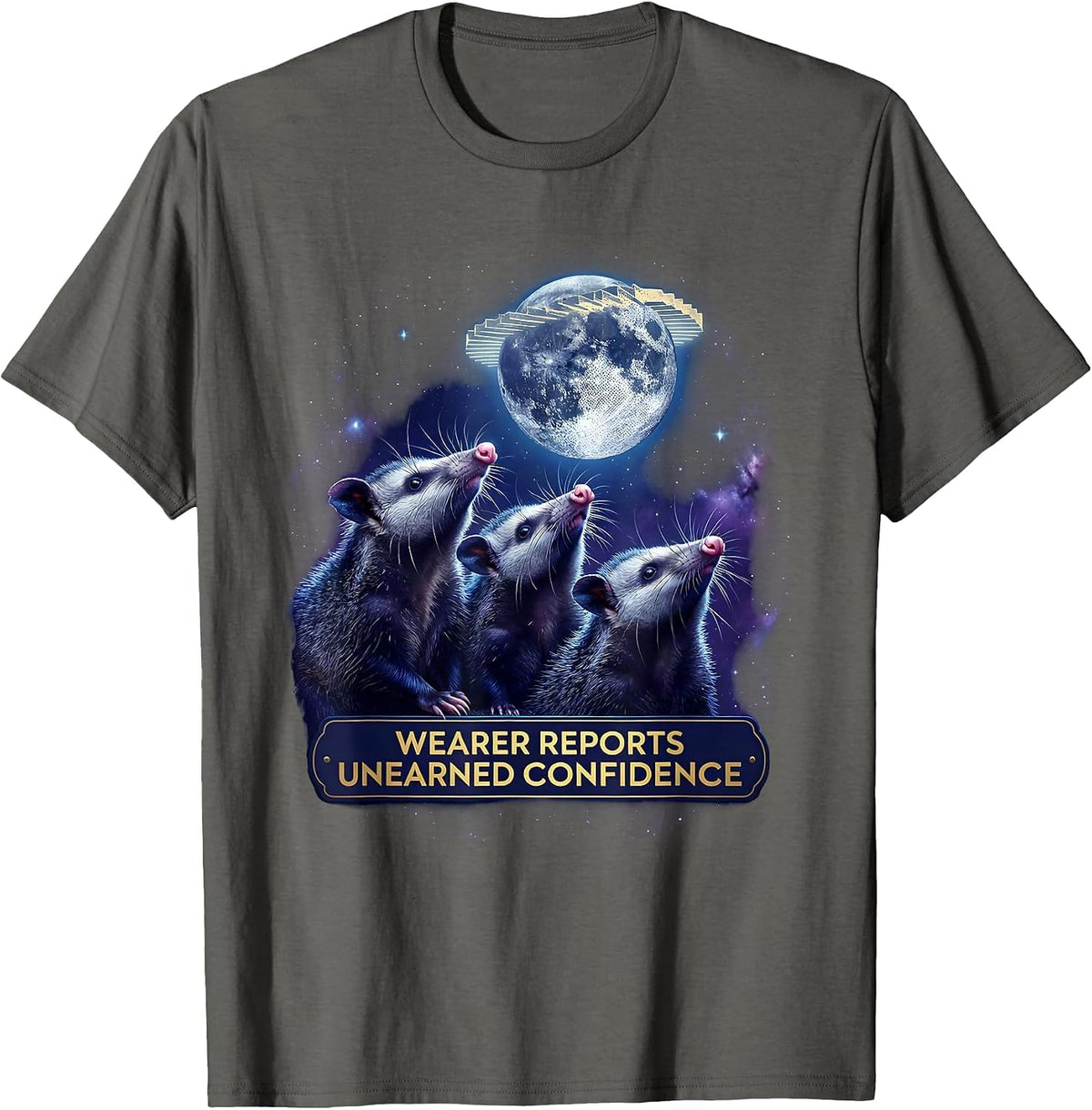 Men's Wearer Reports Unearned Confidence Cosmic Opossum Animal T-Shirt - Asphalt Grey