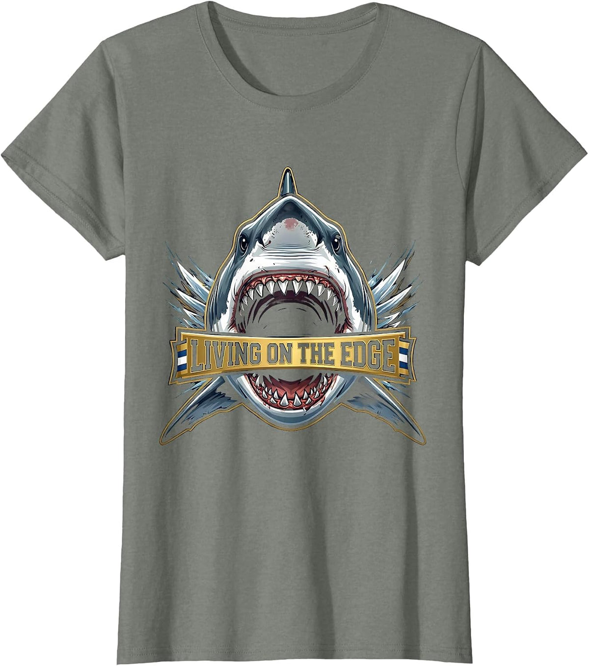 Living on the Edge Bold Shark Graphic Design T-Shirt - Olive Heather