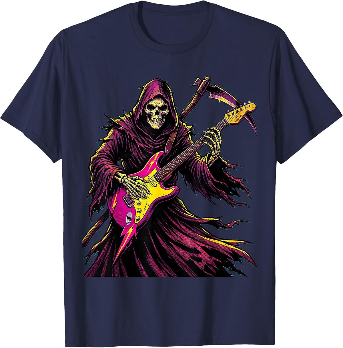 Men's Grim Reaper Electric Guitar Halloween Design T-Shirt - Navy Blue