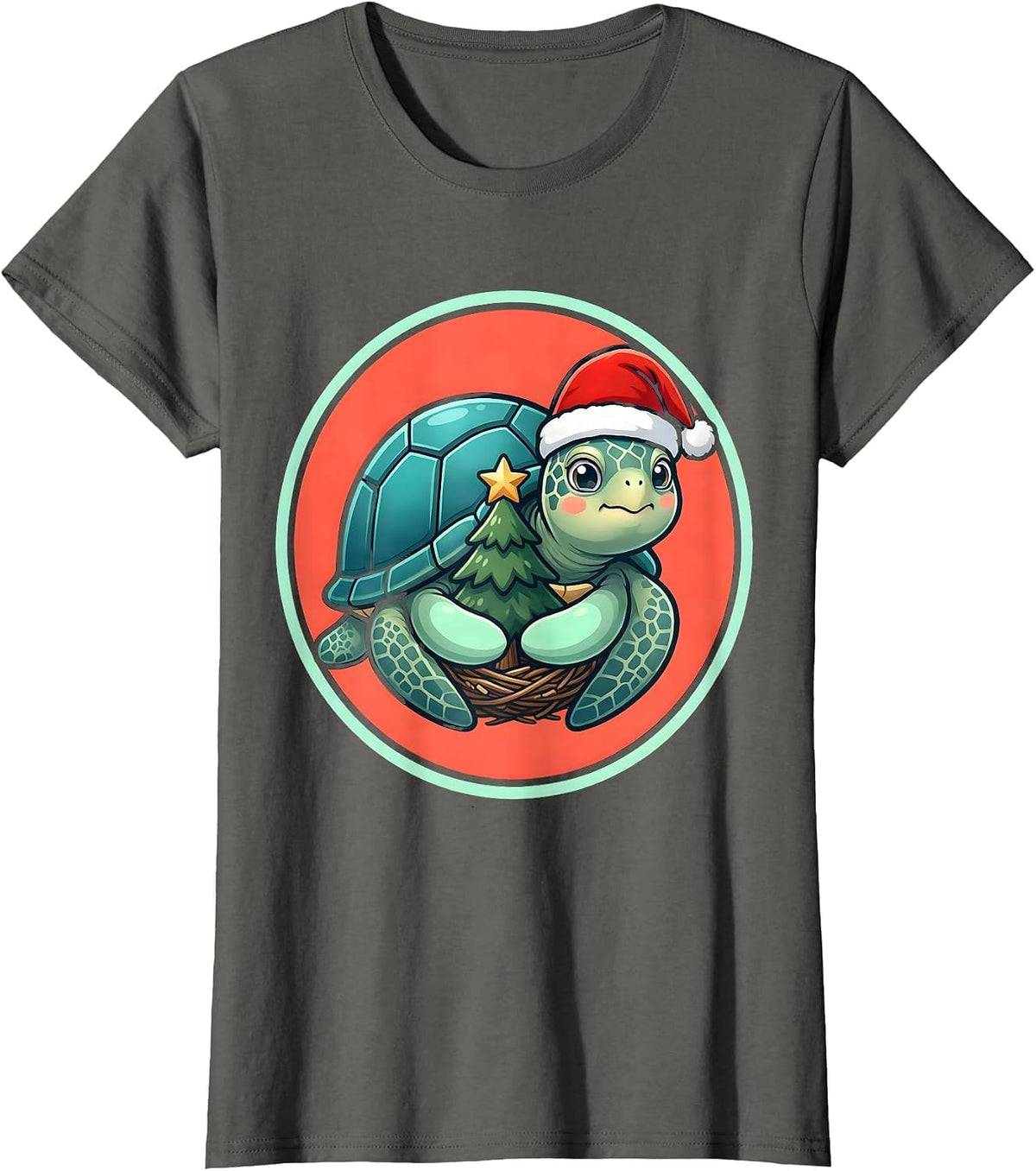Women's Sea Turtle Santa Hat Cute Kawaii Christmas Novelty T-Shirt - Asphalt Grey