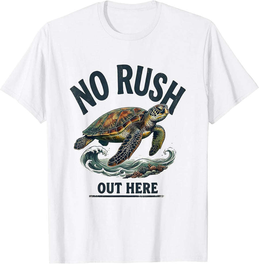 Men's No Rush Out Here Vintage Sea Turtle Beach Vacation Souvenir T-Shirt - White