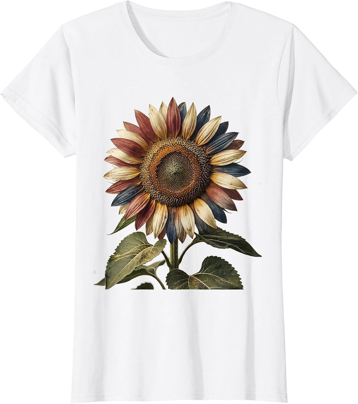 Women's Red White and Blue Sunflower Patriotic Design T-Shirt - White