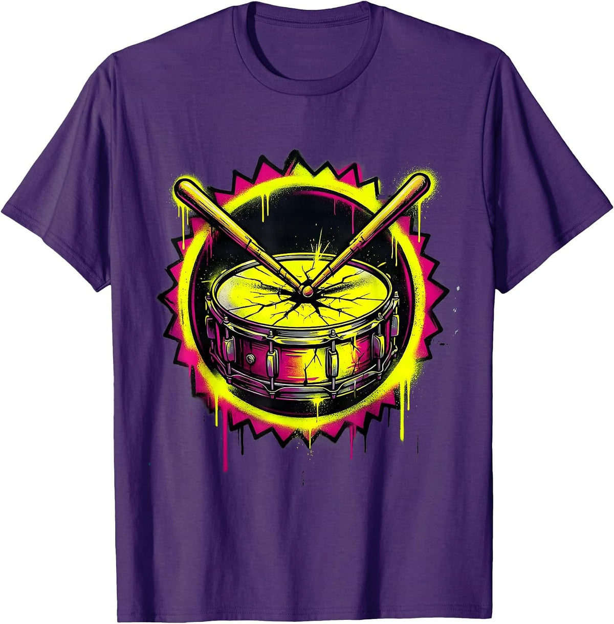 Crossed Drumsticks Cracked Snare Drum Graphic T-Shirt - Purple