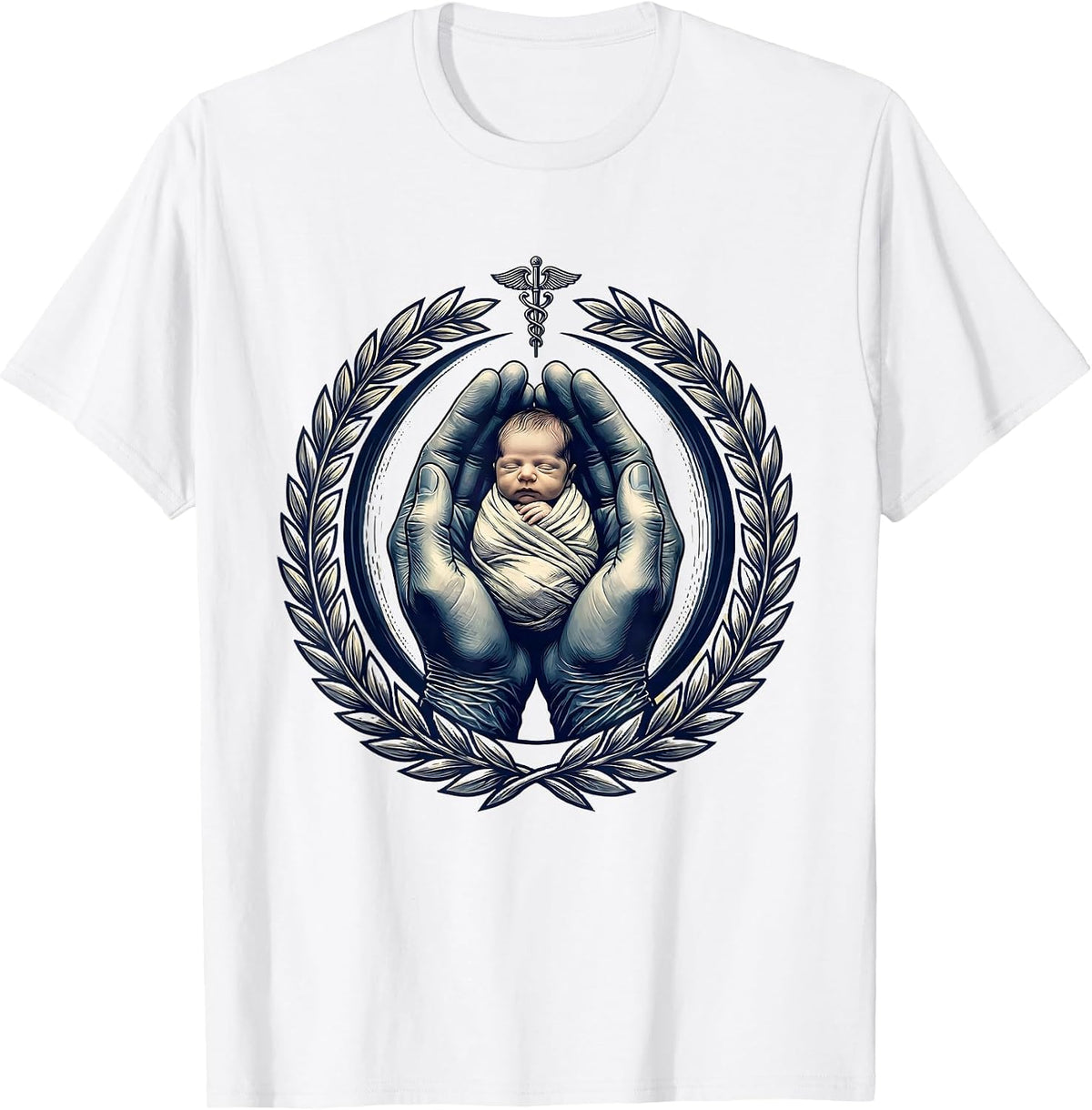 Men's Gloved Hands Cradling Newborn Nursing Graphic T-Shirt - White