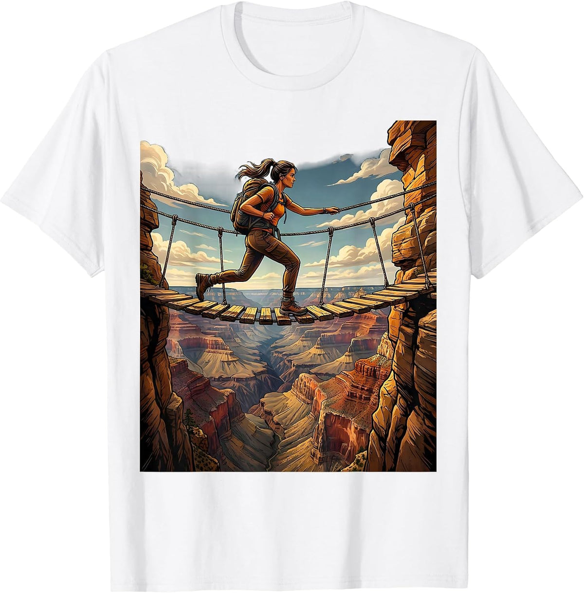 Hiker Crossing Rope Bridge Over Canyon T-Shirt - White