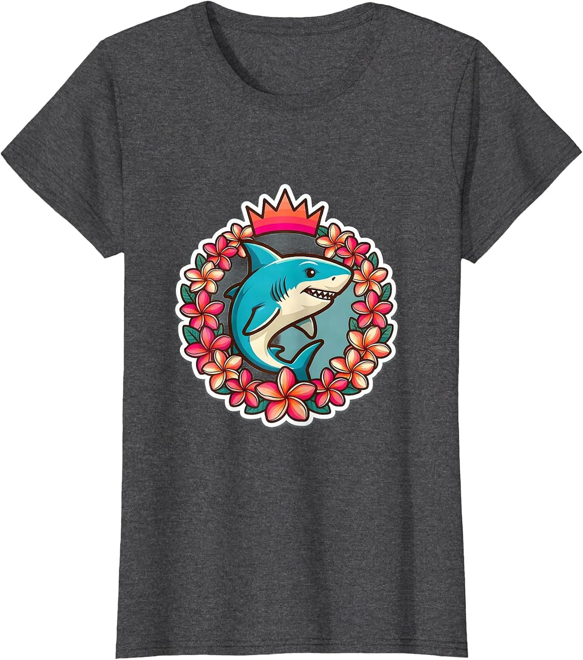 Women's Maui Plumeria Wreath Shark Tropical Illustration T-Shirt - Dark Heather Grey