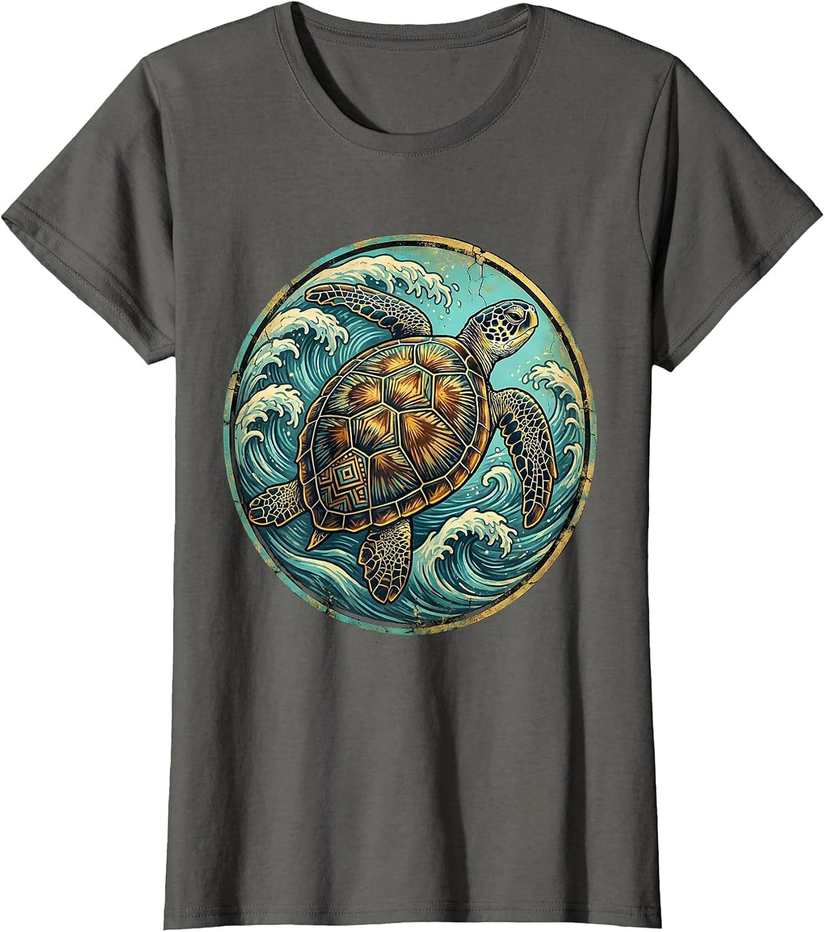 Women's Mexico Sea Turtle Ocean Waves Illustration T-Shirt - Asphalt Grey