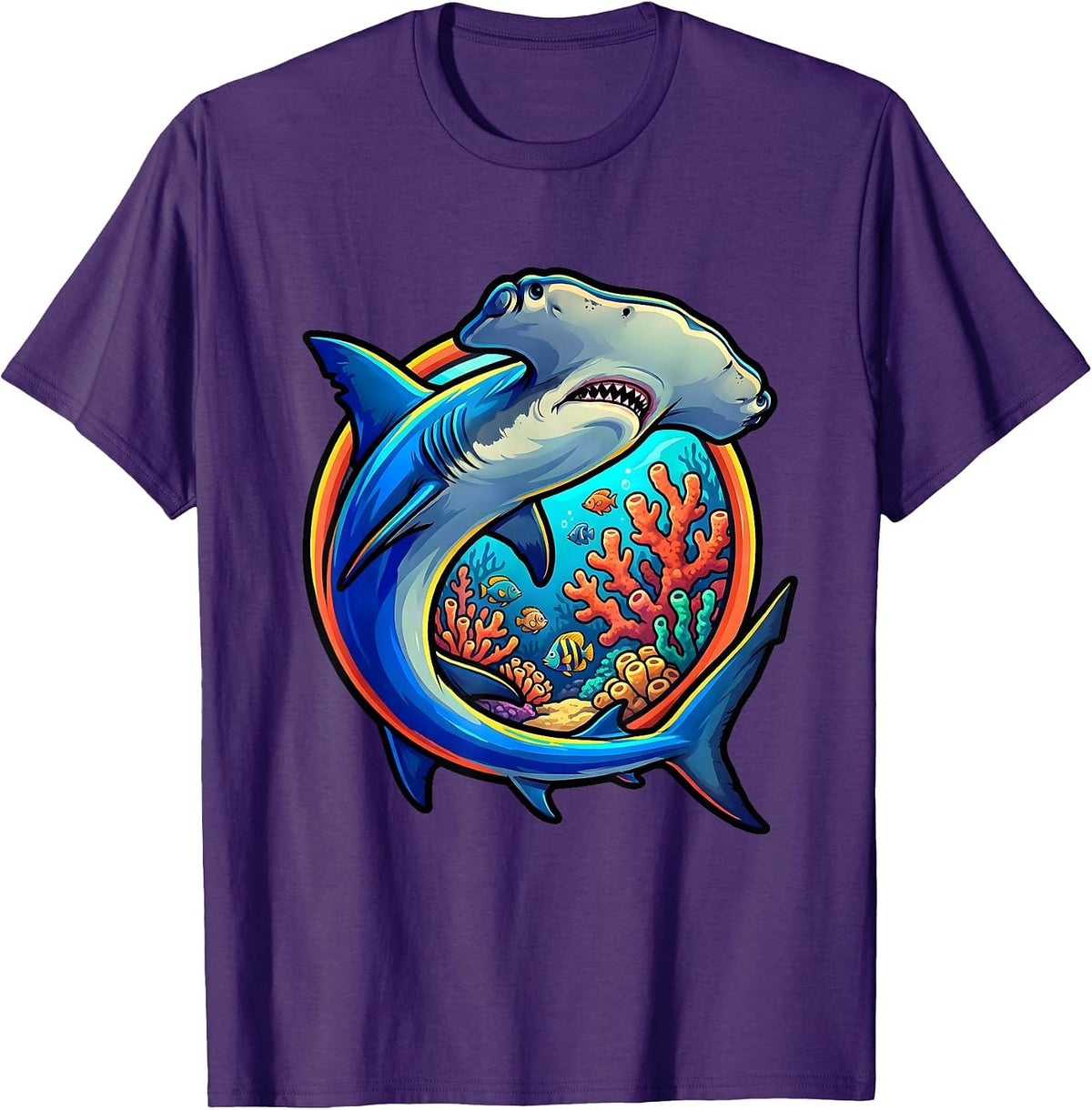 Men's Hammerhead Shark Circling Coral Reef Design T-Shirt - Purple