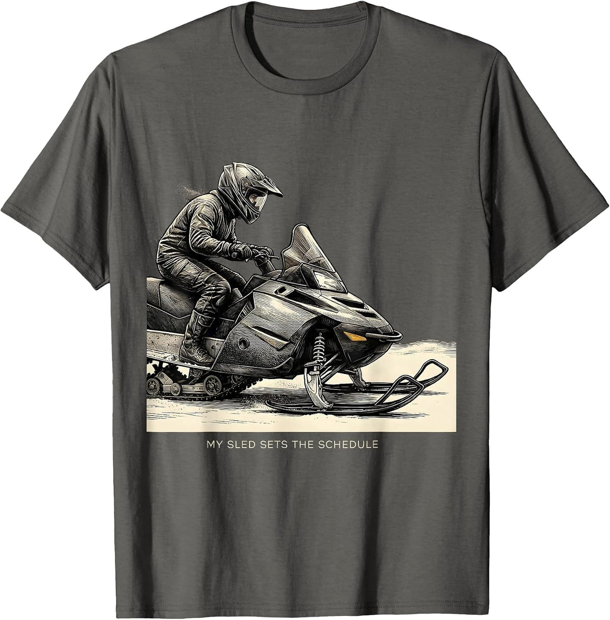 Men's My Sled Sets The Schedule Funny Snowmobile Rider Winter T-Shirt - Asphalt Grey