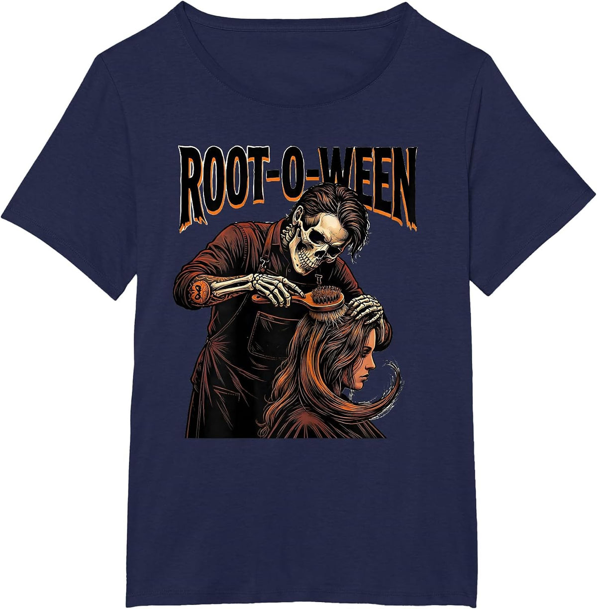 Women's Root-o-Ween Tattoo Skeleton Hairstylist Barber Halloween T-Shirt - Navy Blue