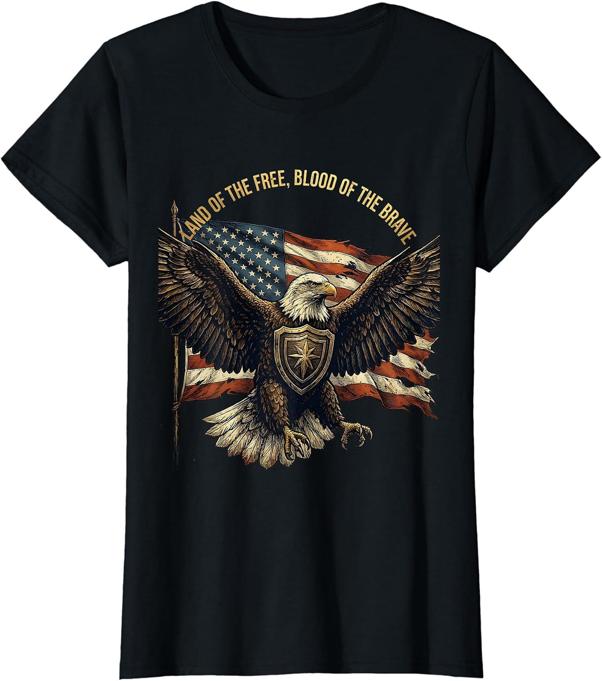 Land of the Free, Blood of the Brave Patriotic Eagle Design T-Shirt - Black