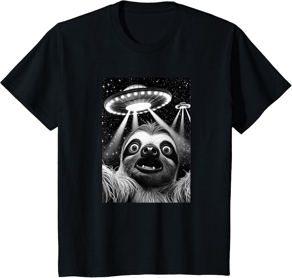 Sloth UFO | Funny Invasion Meme Retro Alien Sloth UFO Selfie T-Shirt - Black