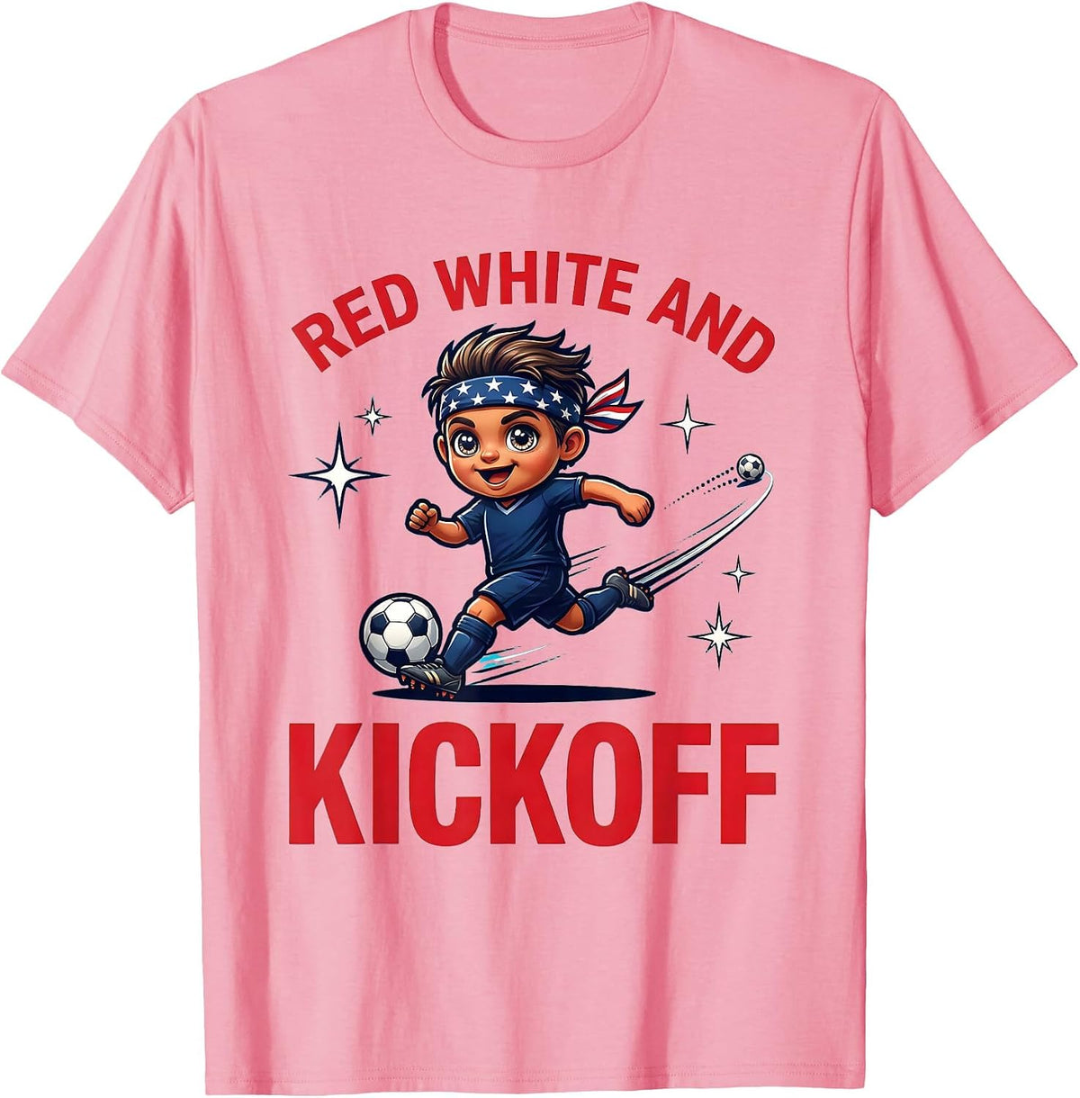 Men's RED WHITE AND KICKOFF Cartoon Soccer Player Labor Day T-Shirt - Pink