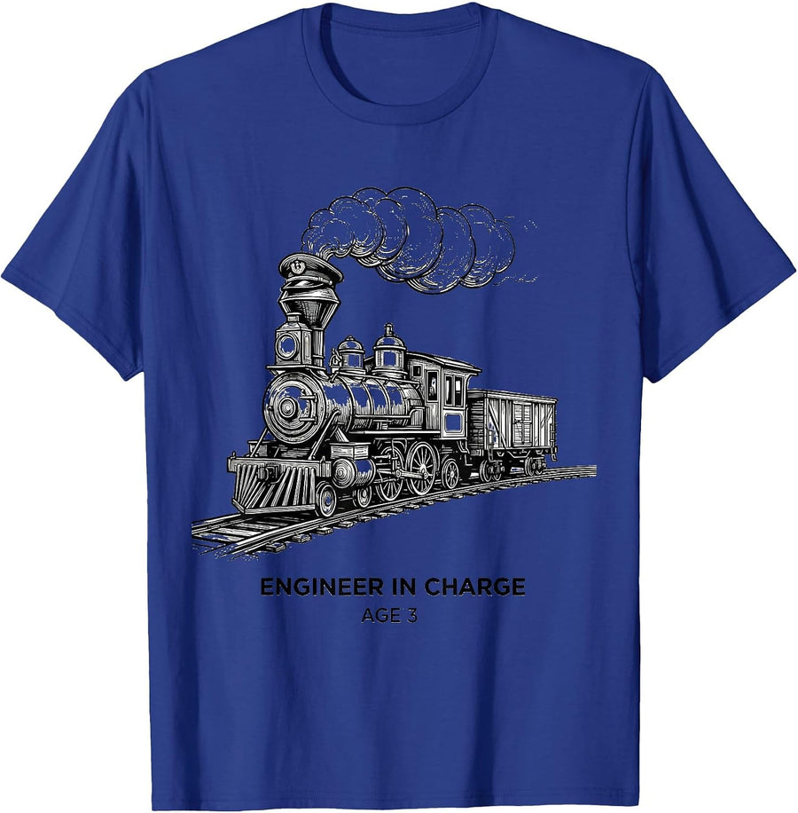 Engineer In Charge Age 3 Kids Construction Train Birthday T-Shirt, Men, Royal Blue, 3X-Large - As Pictured