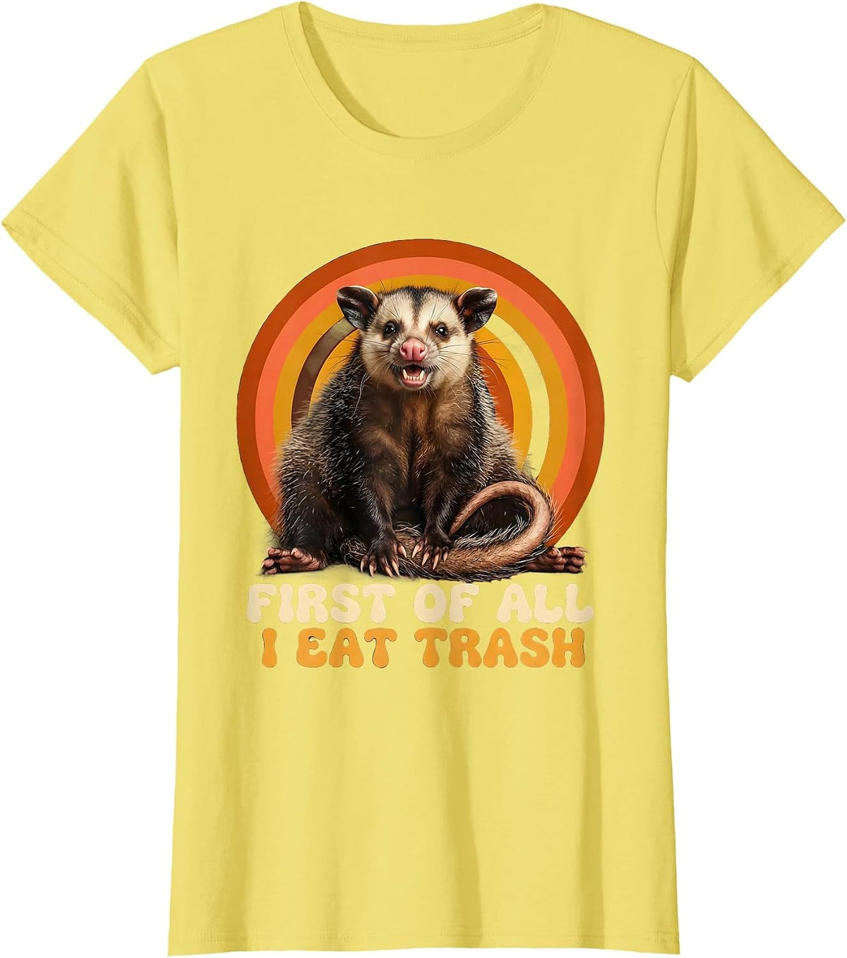First Of All, I Eat Trash Retro 70s Opossum Meme Humor T-Shirt - Lemon Yellow