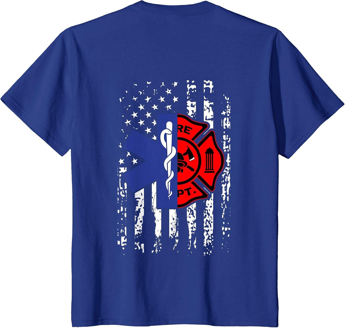EMT Firefighter Shirt Firefighter American Flag Back Print T-Shirt - Royal Blue