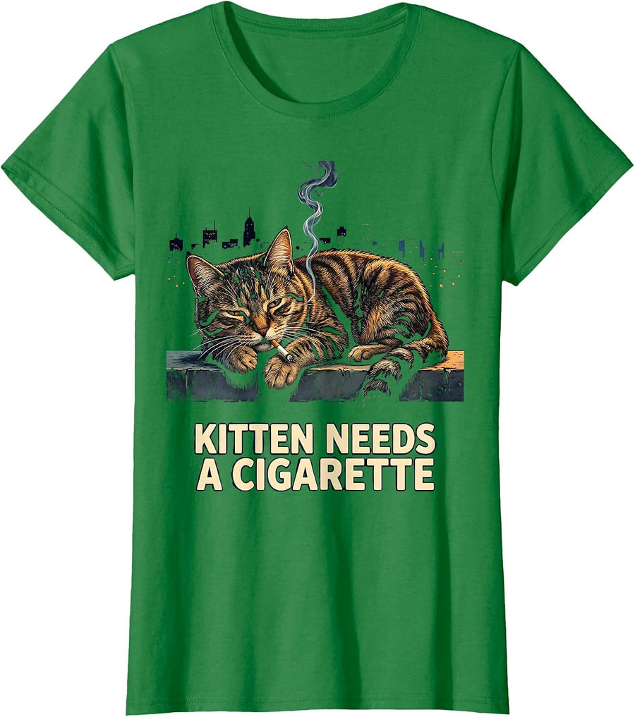 Women's Kitten Needs A Cigarette Funny Smoking Cat Meme Gen Z T-Shirt - Kelly Green
