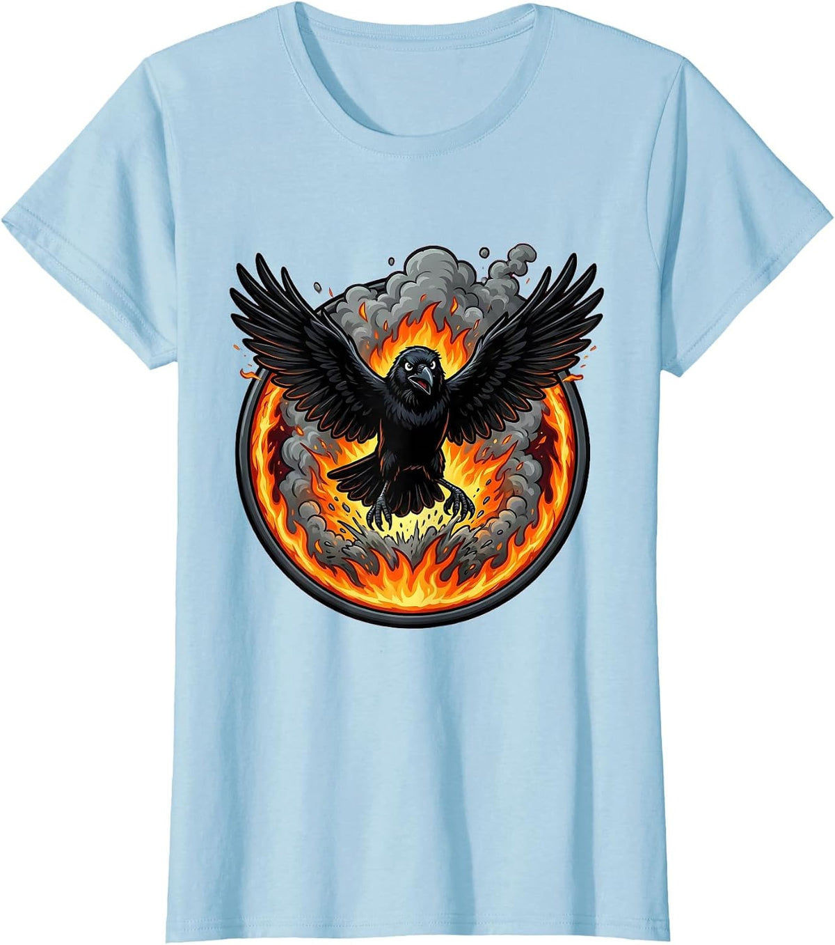 Crow Rising From Smoke and Flames Graphic T-Shirt - Baby Blue