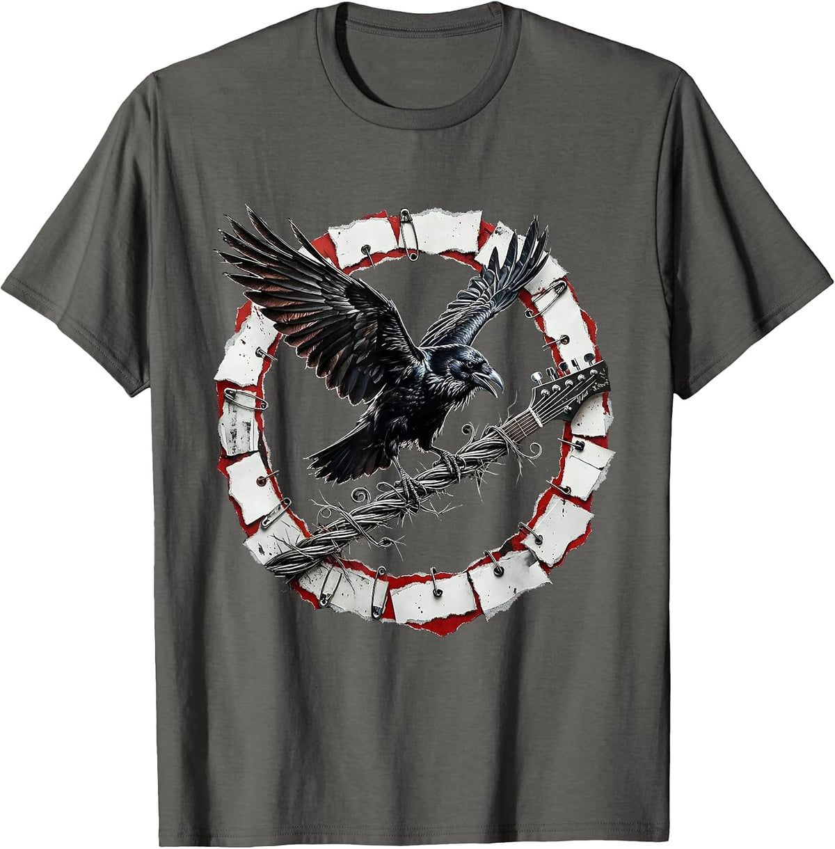Men's Raven on Broken Guitar String Rock Art Design T-Shirt - Asphalt Grey