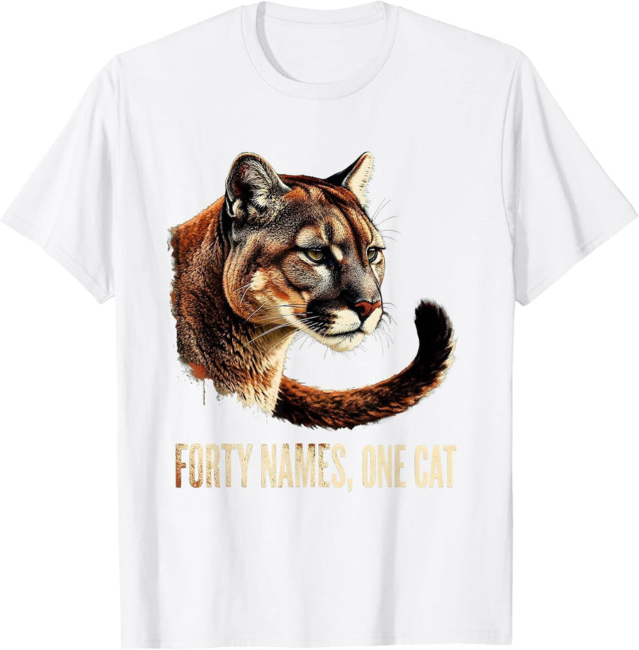 Men's Forty Names, One Cat Funny Puma Animal Lover Rubber Stamp T-Shirt - White