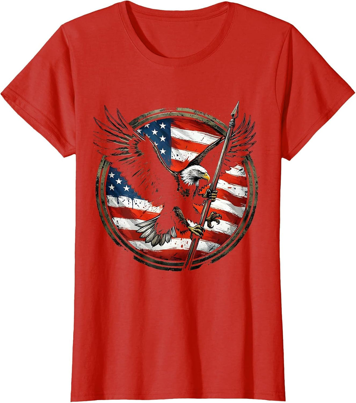 Eagle Gripping Flagpole Patriotic Graphic Design T-Shirt - Red