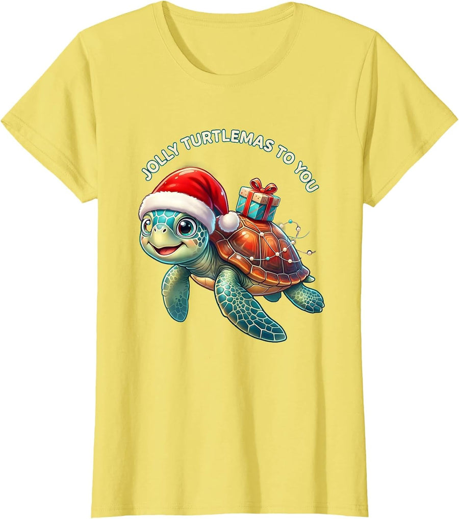 Jolly Turtlemas To You Cute Sea Turtle Santa Hat Christmas T-Shirt - Lemon Yellow