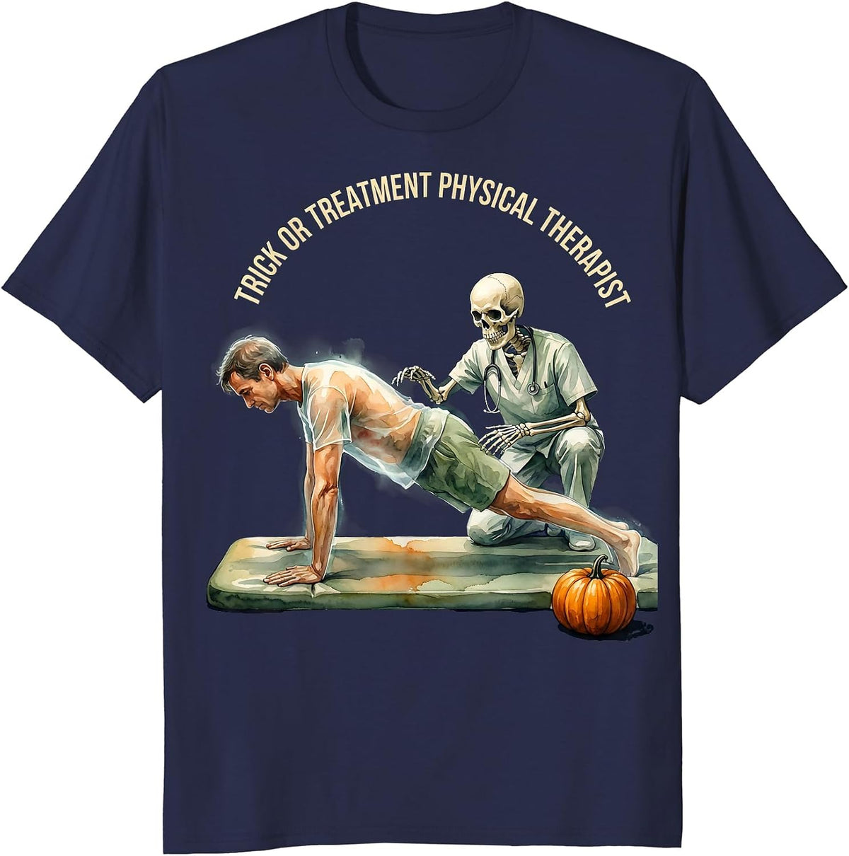 Men's Trick Or Treatment Physical Therapist Watercolor Halloween T-Shirt - Navy Blue