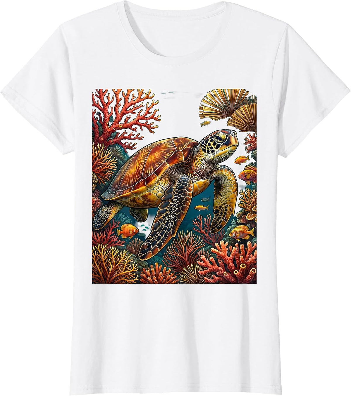 Women's Sea Turtle Coral Reef Hawaiian Ocean Design T-Shirt - White