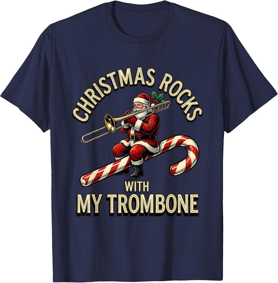 Christmas Rocks With My Trombone Funny Trombone Player T-Shirt - Navy Blue