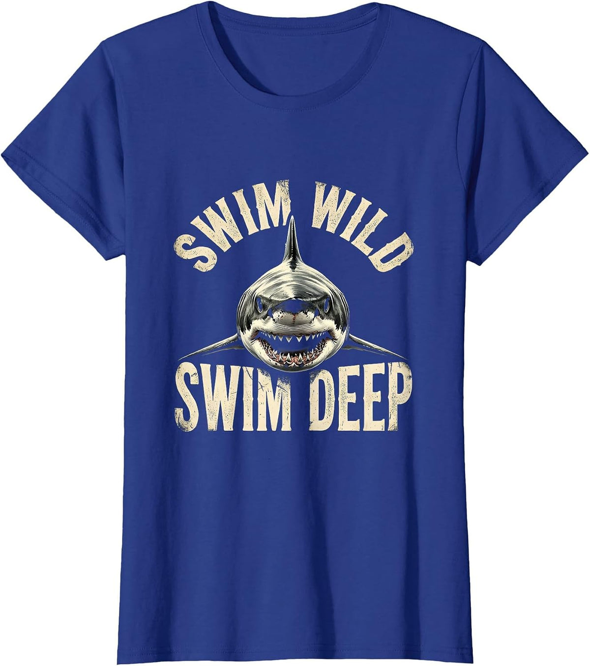 Women's Swim Wild Swim Deep Shark Graphic Design T-Shirt - Royal Blue